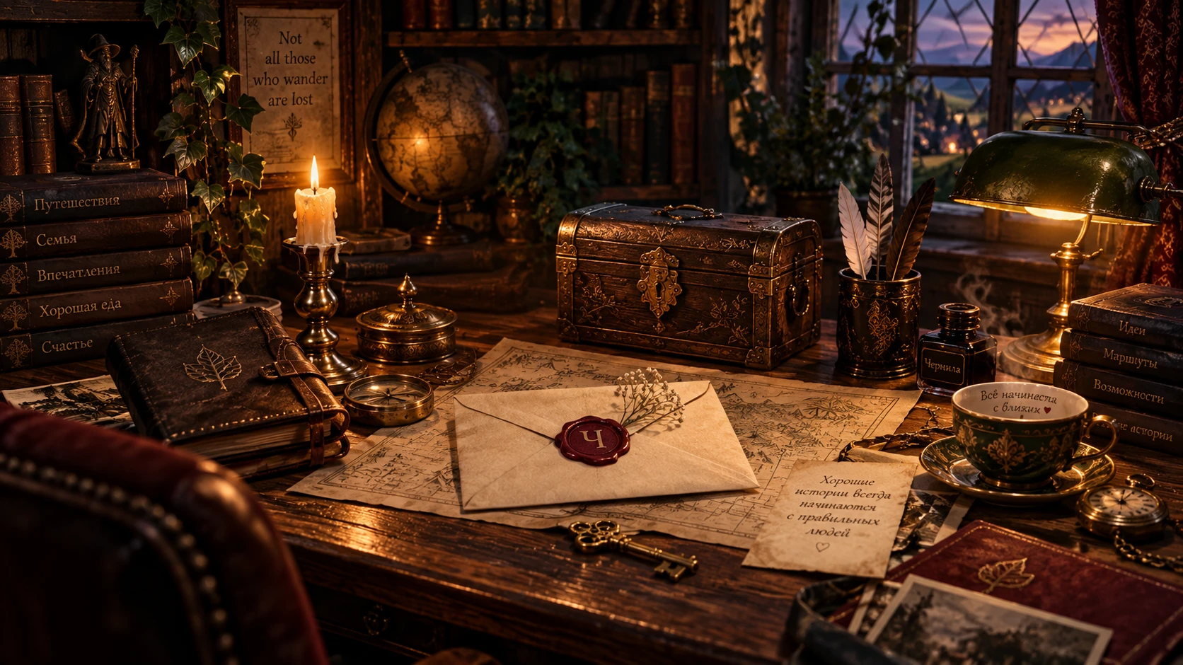 Старинный кабинет: на столе лежат книга, конверт, ключ, компас, свеча, чашка и стоит шкатулка